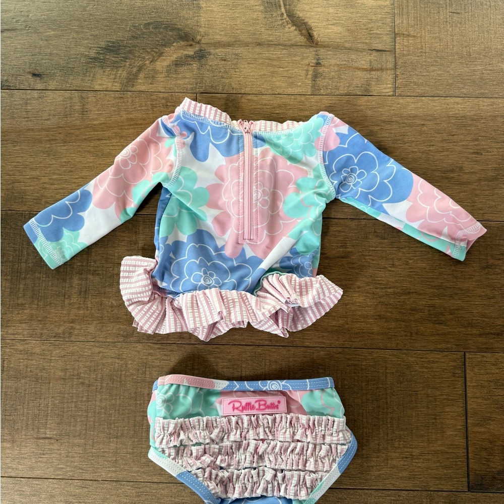Ruffle Butts Pink and Blue Floral Kids Swimsuit Set